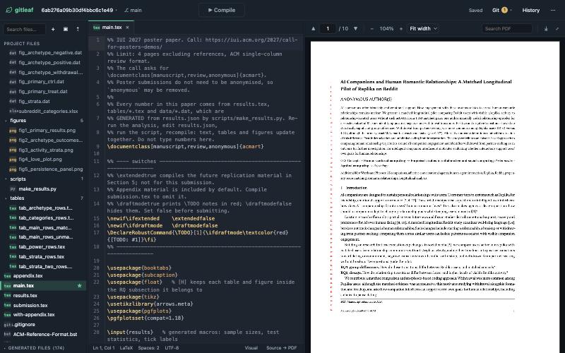 GitLeaf showing a file explorer on the left, LaTeX source in the middle and the compiled PDF on the right